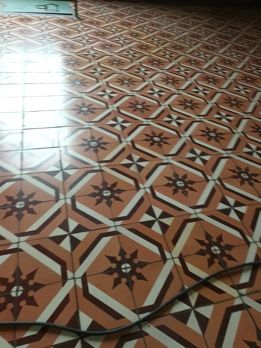Piso de mosaico hidráulico con patrón geométrico tradicional